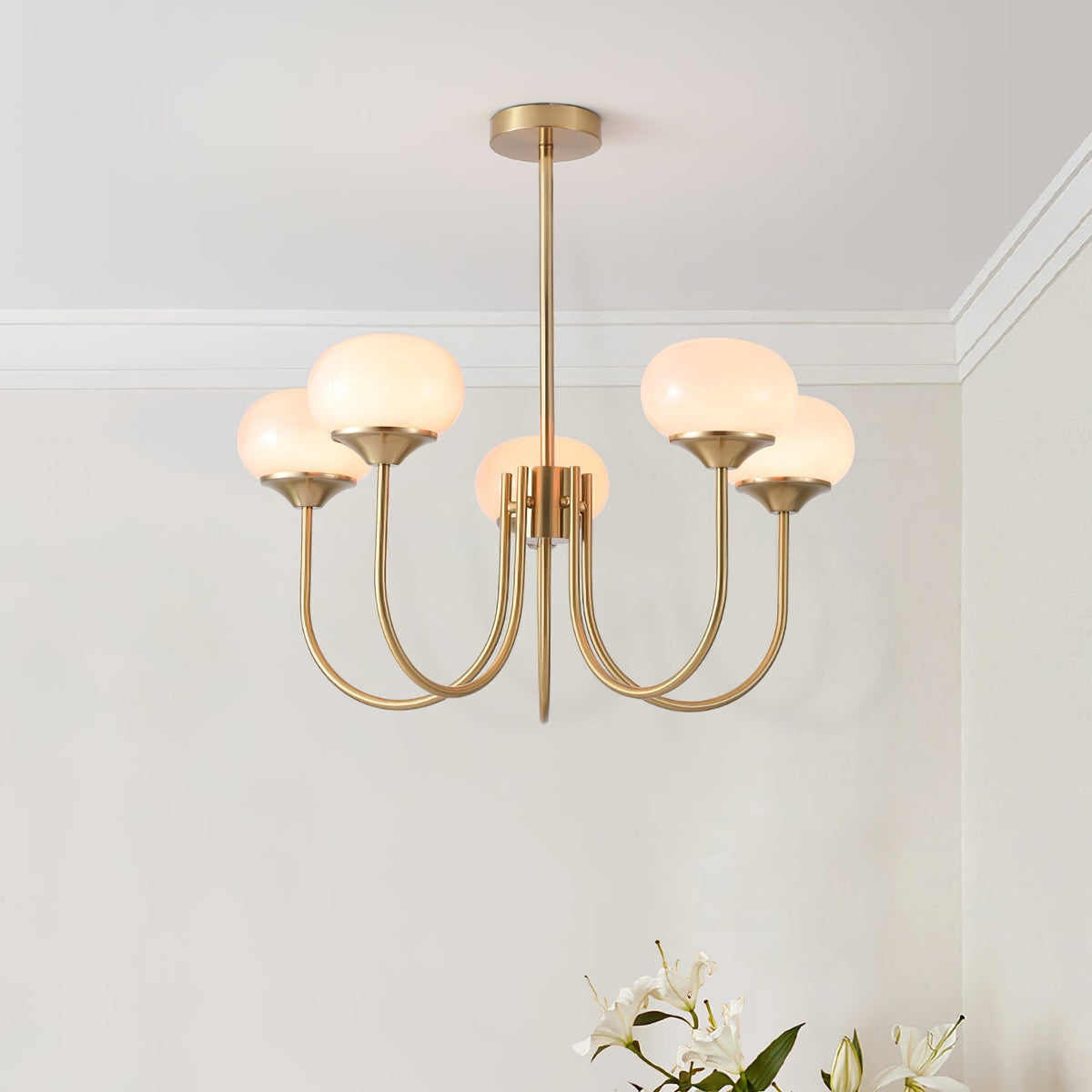 Marshmallow modern glass bubble chandelier with pink shades and six globes on gold brass arms on Tampa Home & Garden Store