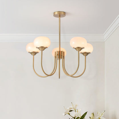 Marshmallow modern glass bubble chandelier with pink shades and six globes on gold brass arms on Tampa Home & Garden Store