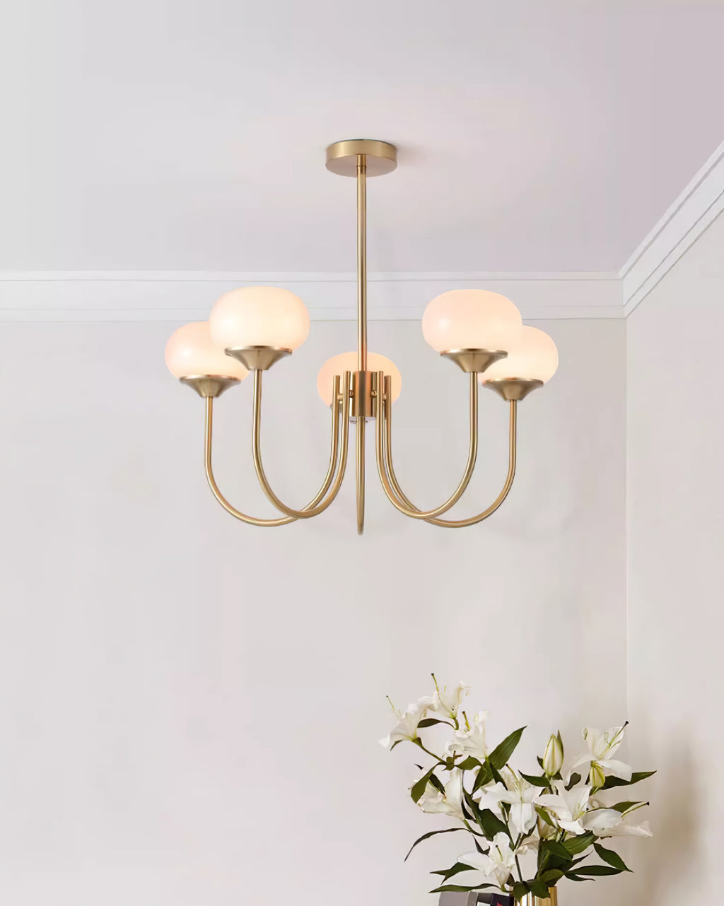 Chandelier Marshmallow by Moktan Sabai, brass finish with hand-sprayed pink glass bubbles on Tampa Home & Garden Store