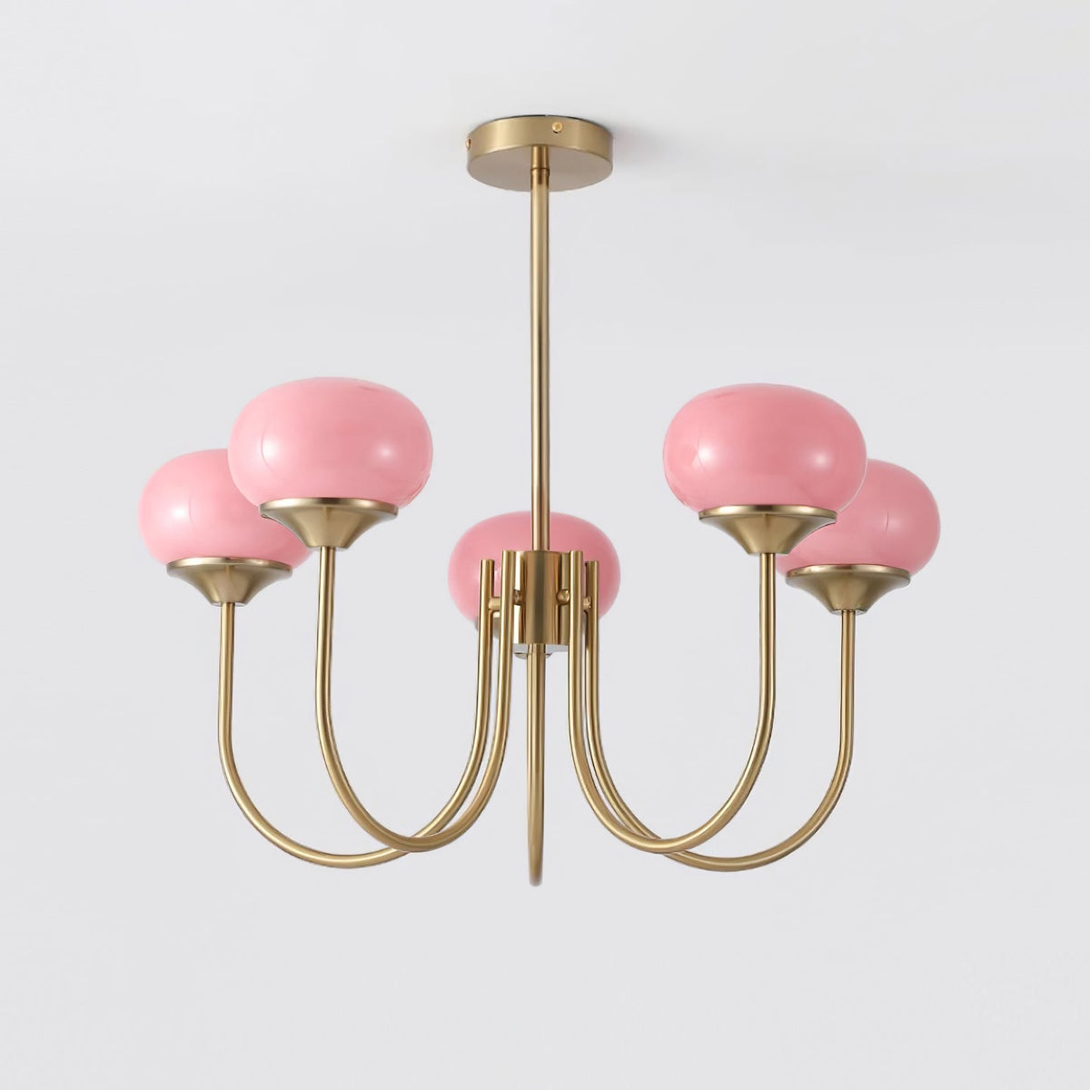Chandelier Marshmallow by Moktan Sabai with hand-sprayed pink glass bubble shades on brass frame on Tampa Home & Garden Store