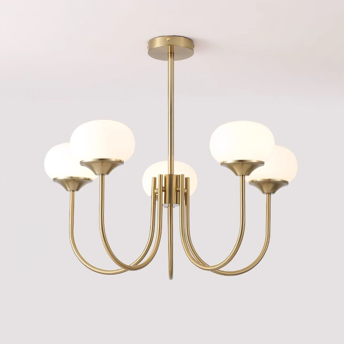 Chandelier Moktan Sabai brass multi-arm with frosted glass globe shades on Tampa Home & Garden Store