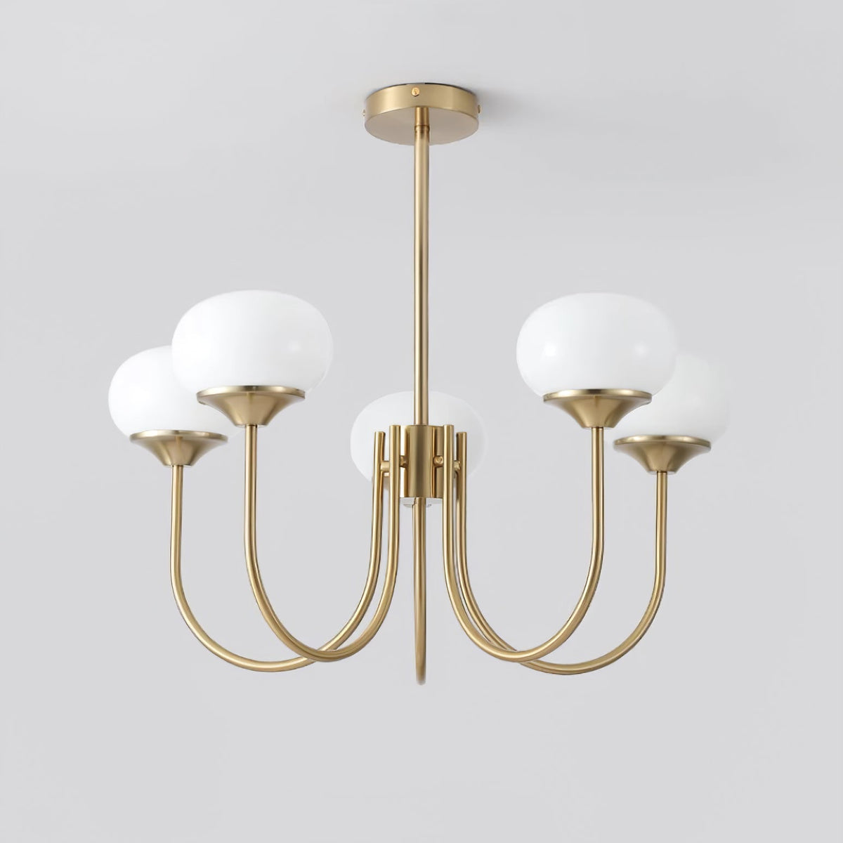 Chandelier Moktan Sabai gold metal frame with white glass bubble shades, 6-arm design on Tampa Home & Garden Store
