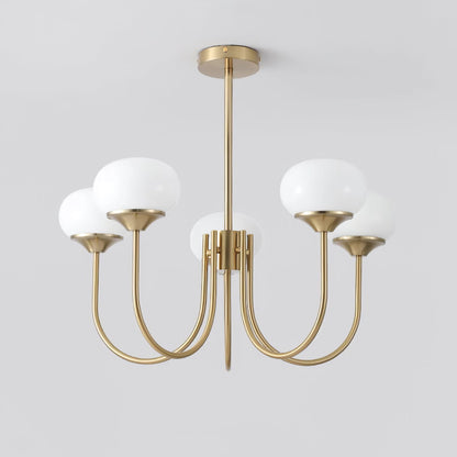 Chandelier Moktan Sabai gold metal frame with white glass bubble shades, 6-arm design on Tampa Home & Garden Store
