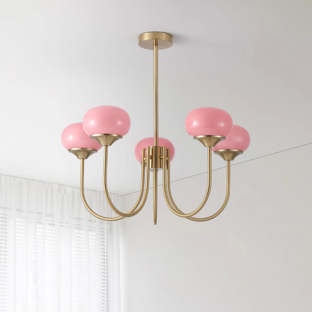 Marshmallow Chandelier gold brass frame with pink hand-sprayed glass bubbles on Tampa Home & Garden Store