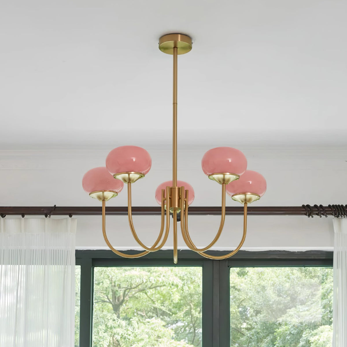 Marshmallow glass bubble chandelier with hand-sprayed pink shades, Moktan Sabai gold finish on Tampa Home & Garden Store
