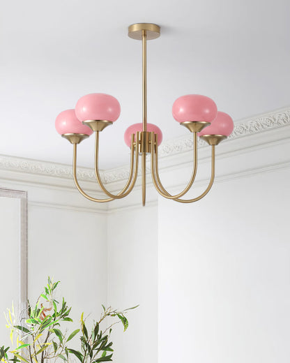 Chandelier Moktan Sabai Marshmallow glass bubble with hand-sprayed pink shades brass arms on Tampa Home & Garden Store