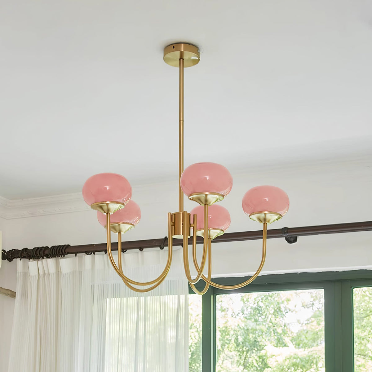 Chandelier Moktan Sabai Marshmallow with hand-sprayed pink glass bubbles and brass arms on Tampa Home & Garden Store