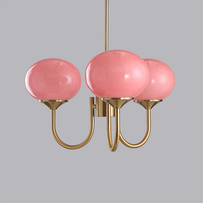Marshmallow chandelier with three hand-sprayed pink glass bubbles on gold arms by Moktan Sabai on Tampa Home & Garden Store