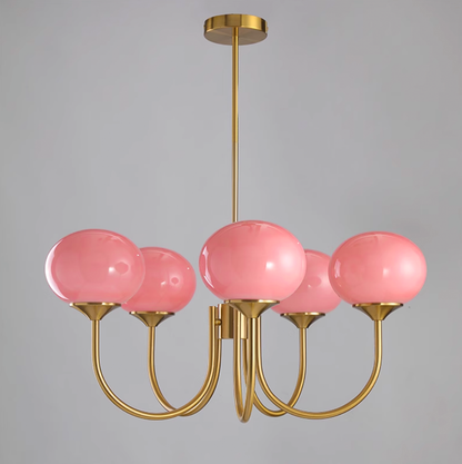 Chandelier Moktan Sabai Marshmallow pink hand-sprayed shades, gold brass frame, 5 globes on Tampa Home & Garden Store