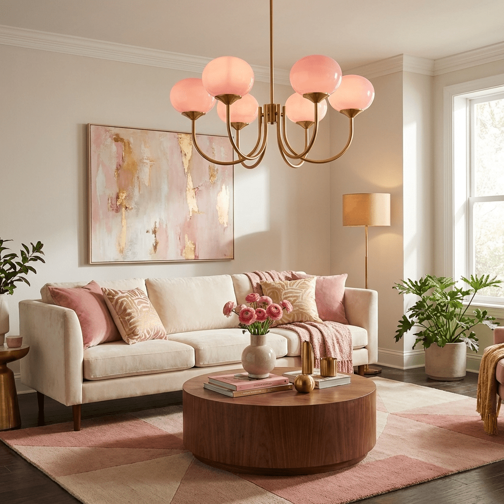 Chandelier Marshmallow by Moktan Sabai, modern glass bubble shades in hand-sprayed pink on Tampa Home & Garden Store