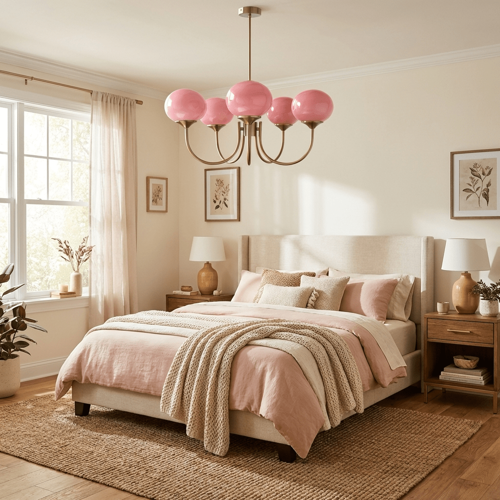 Chandelier Marshmallow Moktan Sabai modern glass bubble chandelier with hand-sprayed pink shades, brass arms on Tampa Home & Garden Store