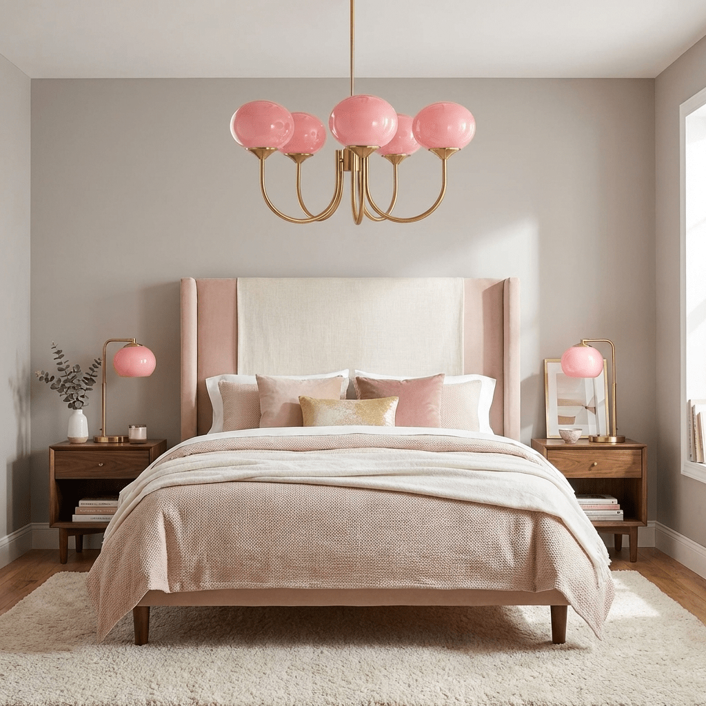 Marshmallow modern glass bubble chandelier with pink shades, gold finish in a blush bedroom on Tampa Home & Garden Store