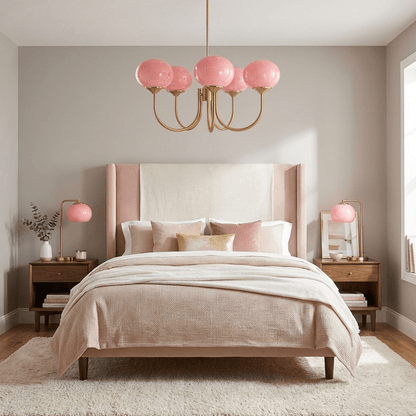 Marshmallow modern glass bubble chandelier with pink shades, gold finish in a blush bedroom on Tampa Home & Garden Store