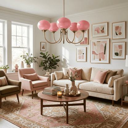 Marshmallow bubble chandelier with pink shade and brass frame, 6 pink globes by Moktan Sabai on Tampa Home & Garden Store