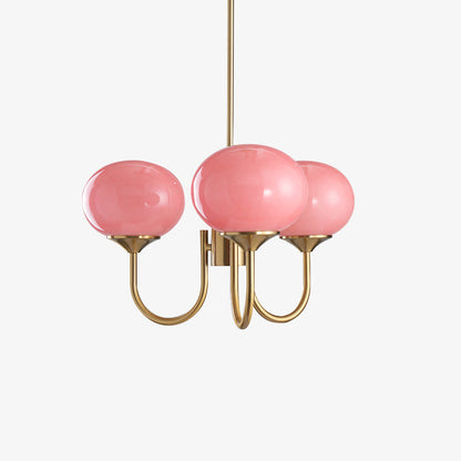 Chandelier Moktan Sabai Marshmallow modern glass bubble with pink shades, brass arms, 3 globes on Tampa Home & Garden Store