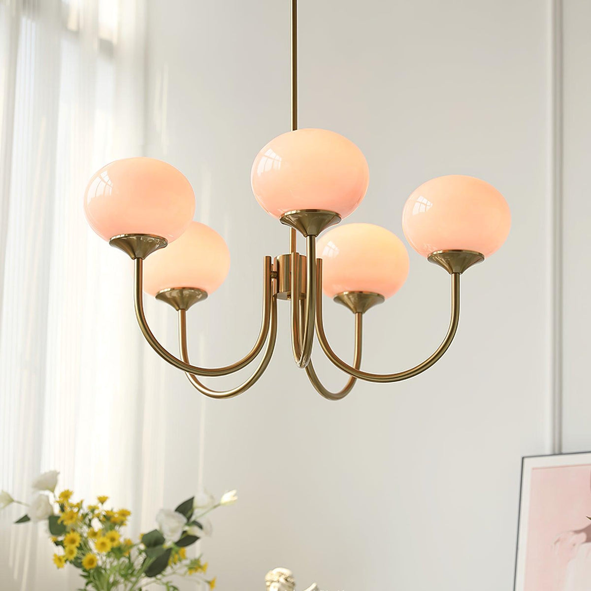 Chandelier Moktan Sabai Marshmallow with hand-sprayed pink glass bubble shades on Tampa Home & Garden Store