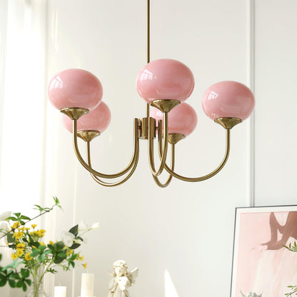 Marshmallow modern chandelier with hand-sprayed pink glass globes on brass arms on Tampa Home & Garden Store