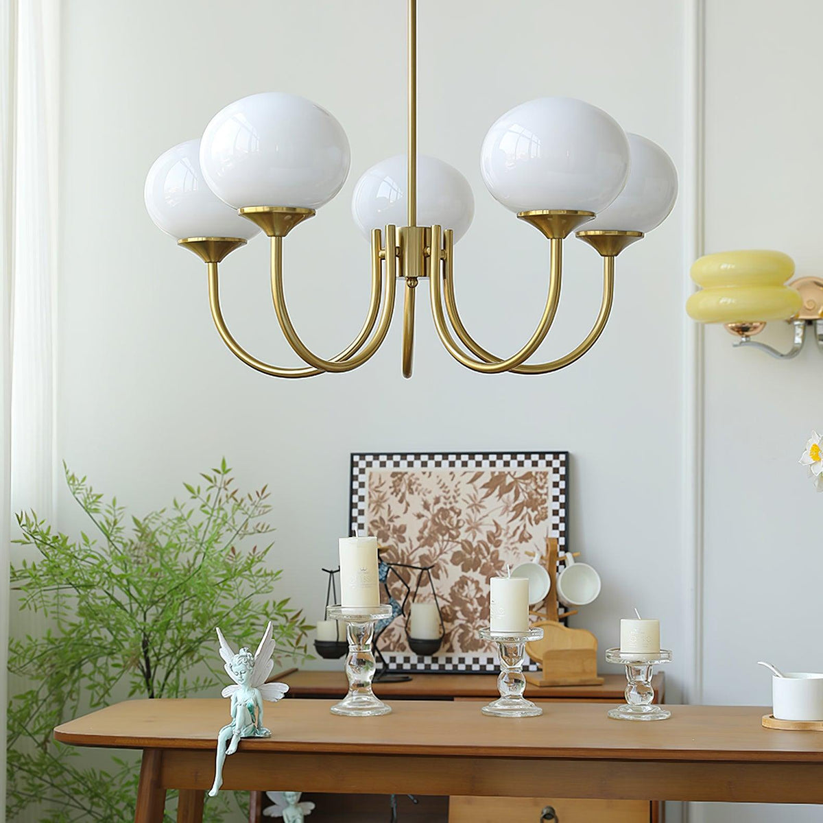 Moktan Sabai Marshmallow chandelier six-arm brass light with white glass globes on Tampa Home & Garden Store