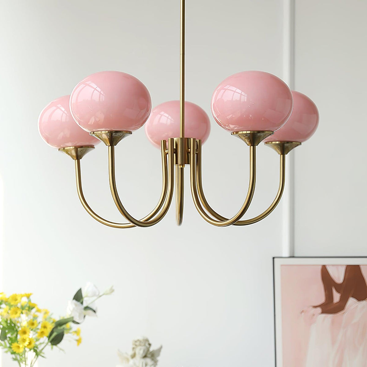 Marshmallow chandelier with five pink glass bubble shades on brass frame on Tampa Home & Garden Store