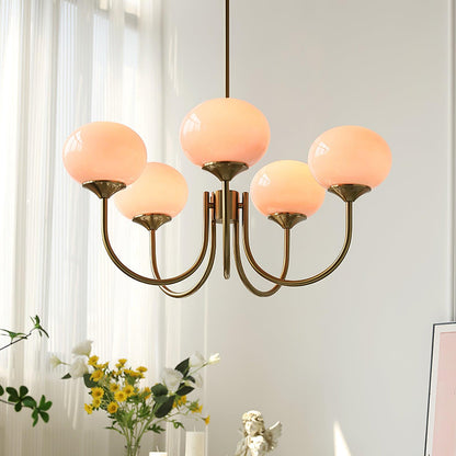 Chandelier Moktan Sabai Marshmallow glass bubble with hand-sprayed pink shades brass finish on Tampa Home & Garden Store