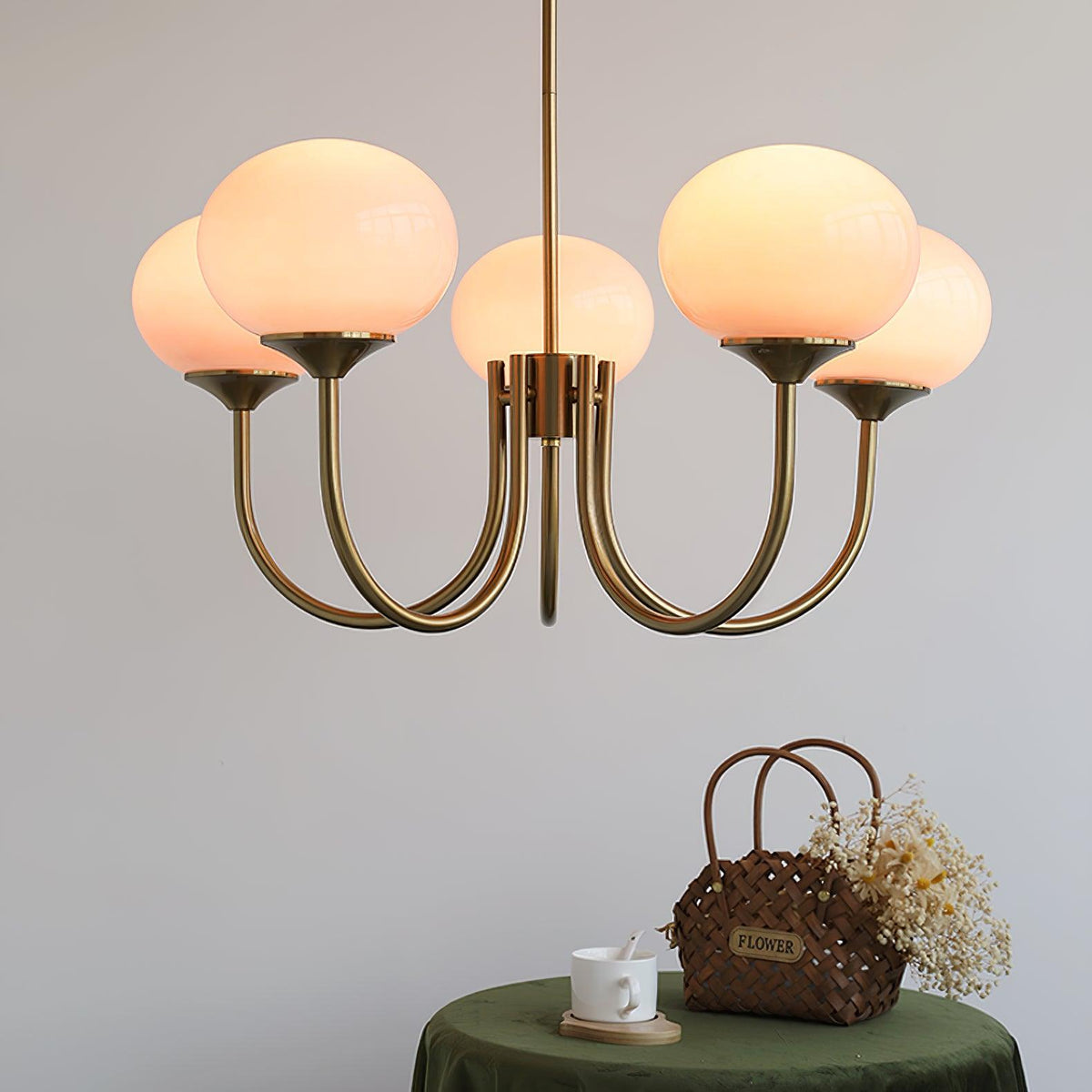Chandelier Marshmallow Moktan Sabai, modern glass bubble with hand-sprayed pink shades, brass finish on Tampa Home & Garden Store