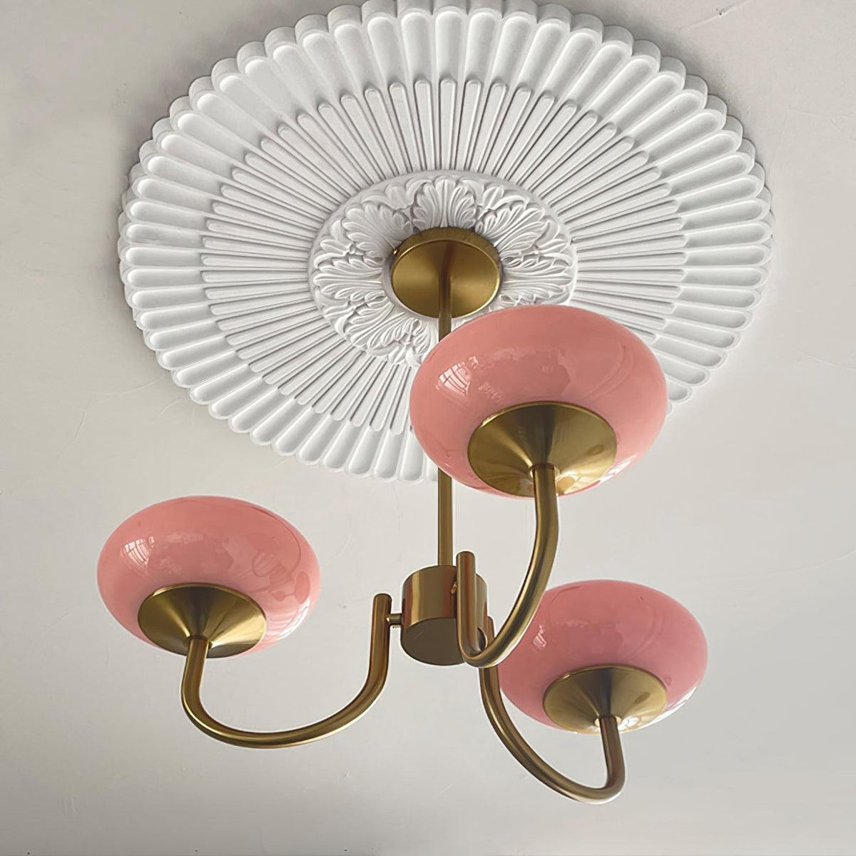Chandelier Moktan Sabai Marshmallow three pink glass shades with brass arms on Tampa Home & Garden Store