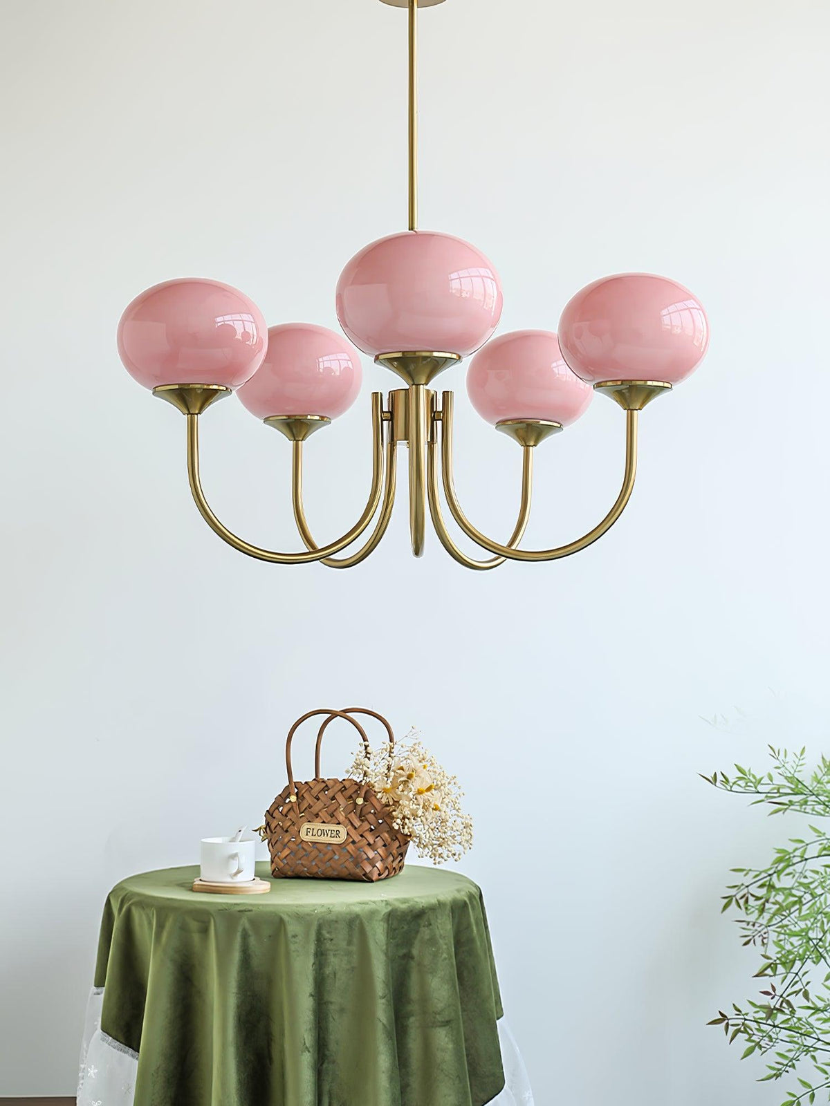 Chandelier Marshmallow modern glass bubbles with hand-sprayed pink shades on brass arms on Tampa Home & Garden Store