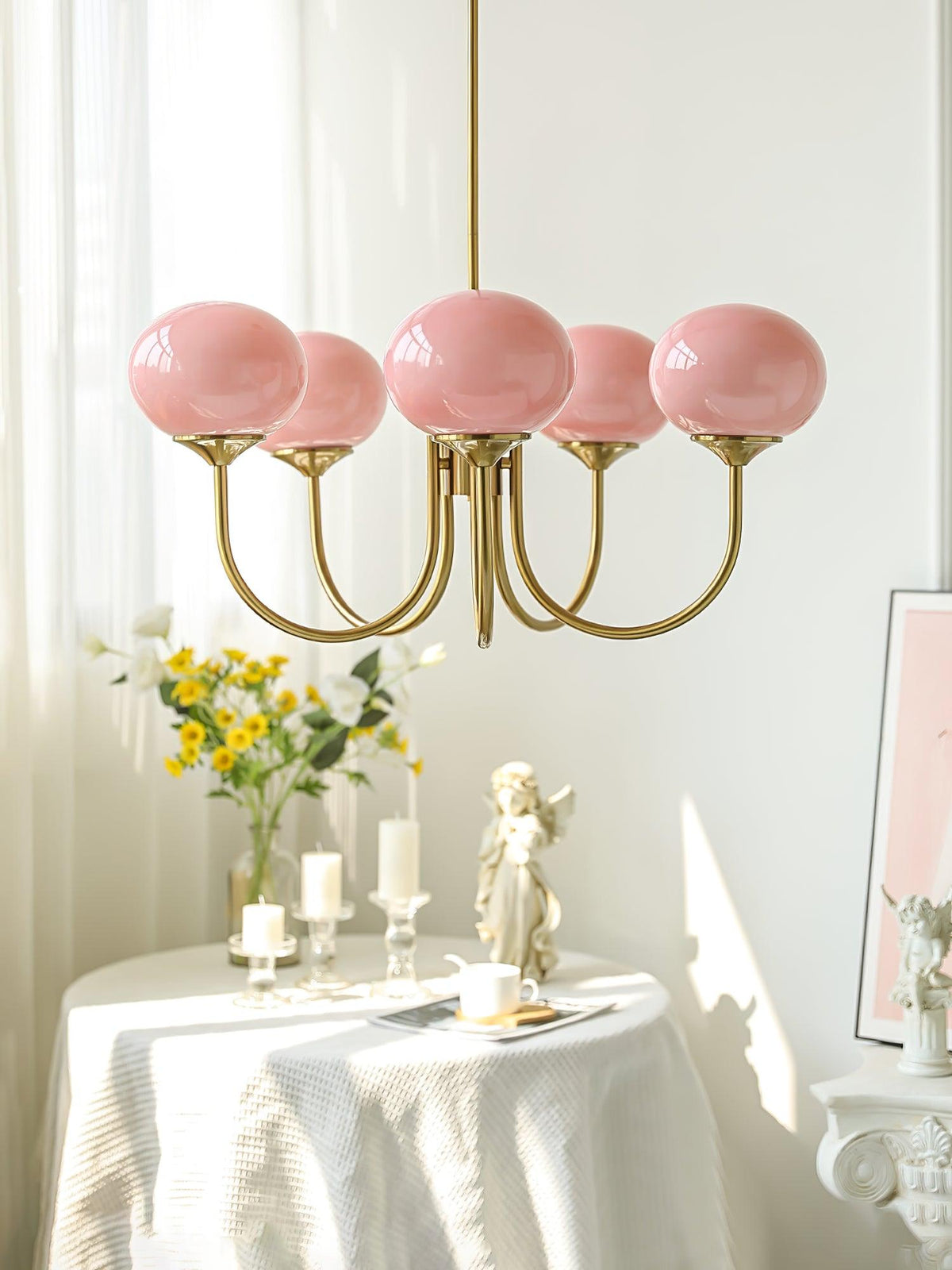 Marshmallow chandelier with pink hand-sprayed glass bubbles on brass arms Moktan Sabai on Tampa Home & Garden Store