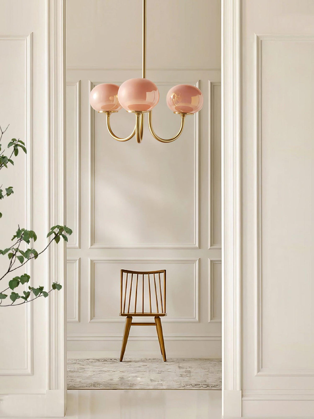 Chandelier Moktan Sabai Marshmallow three pink hand-sprayed glass globes on gold brass arms on Tampa Home & Garden Store