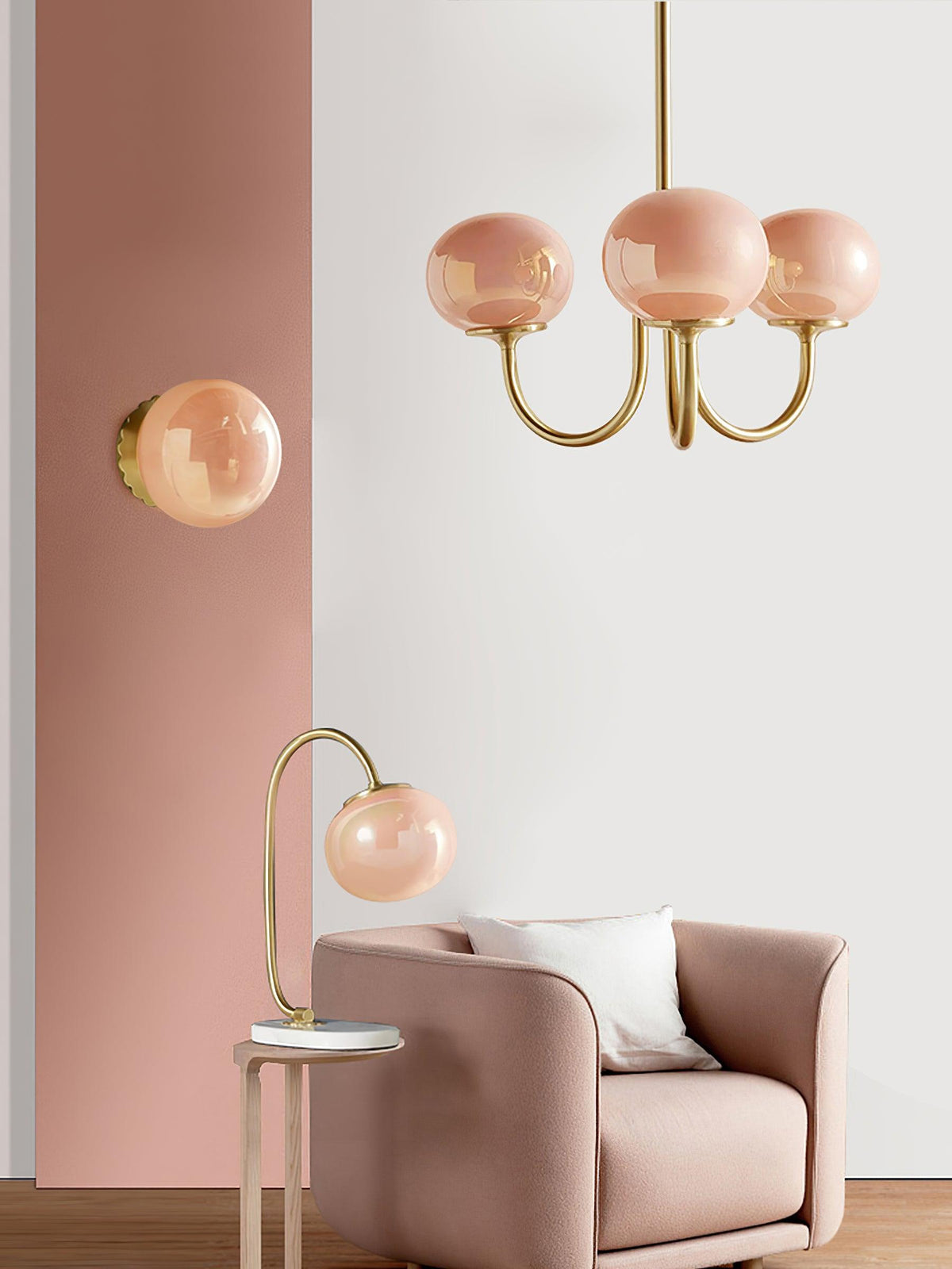 Chandelier Marshmallow Moktan Sabai modern glass bubble pink-sprayed shades brass arms on Tampa Home & Garden Store
