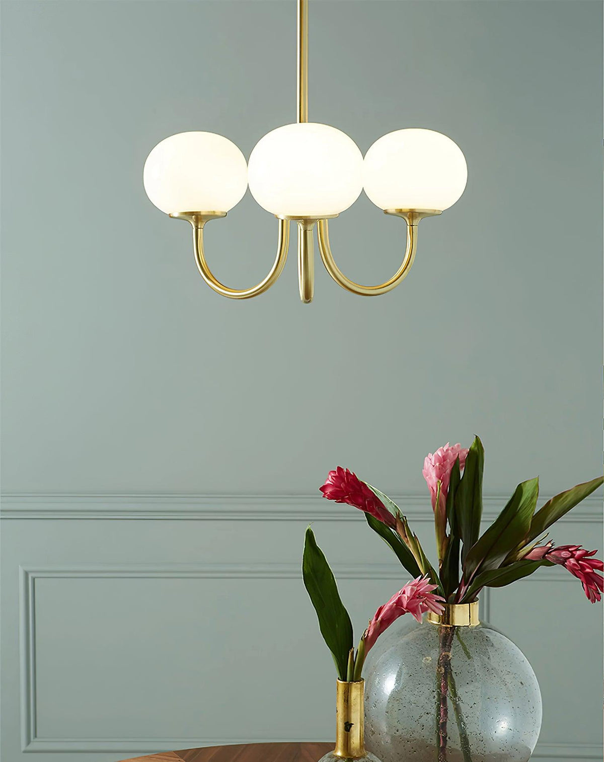 Chandelier Marshmallow with three frosted glass bubbles and brass arms on Tampa Home & Garden Store
