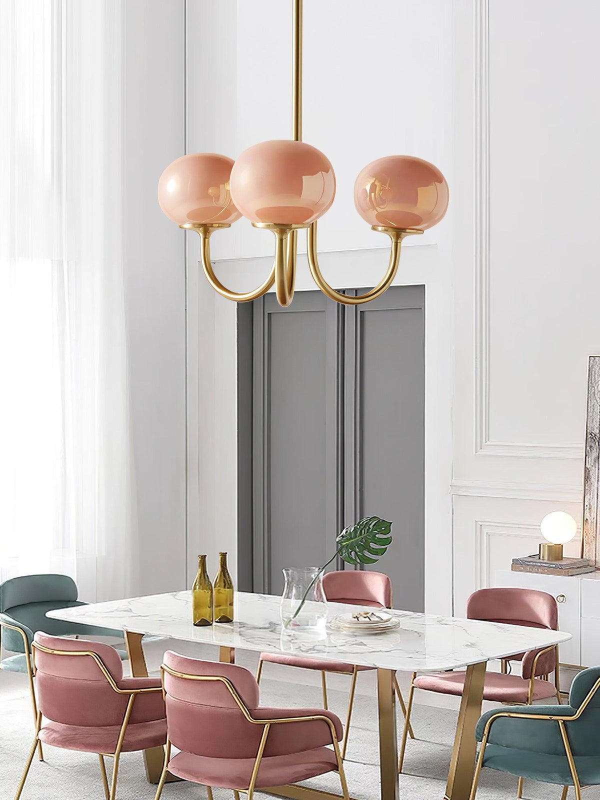 Chandelier Marshmallow by Moktan Sabai with 3 hand-sprayed pink glass bubbles on gold arms on Tampa Home & Garden Store