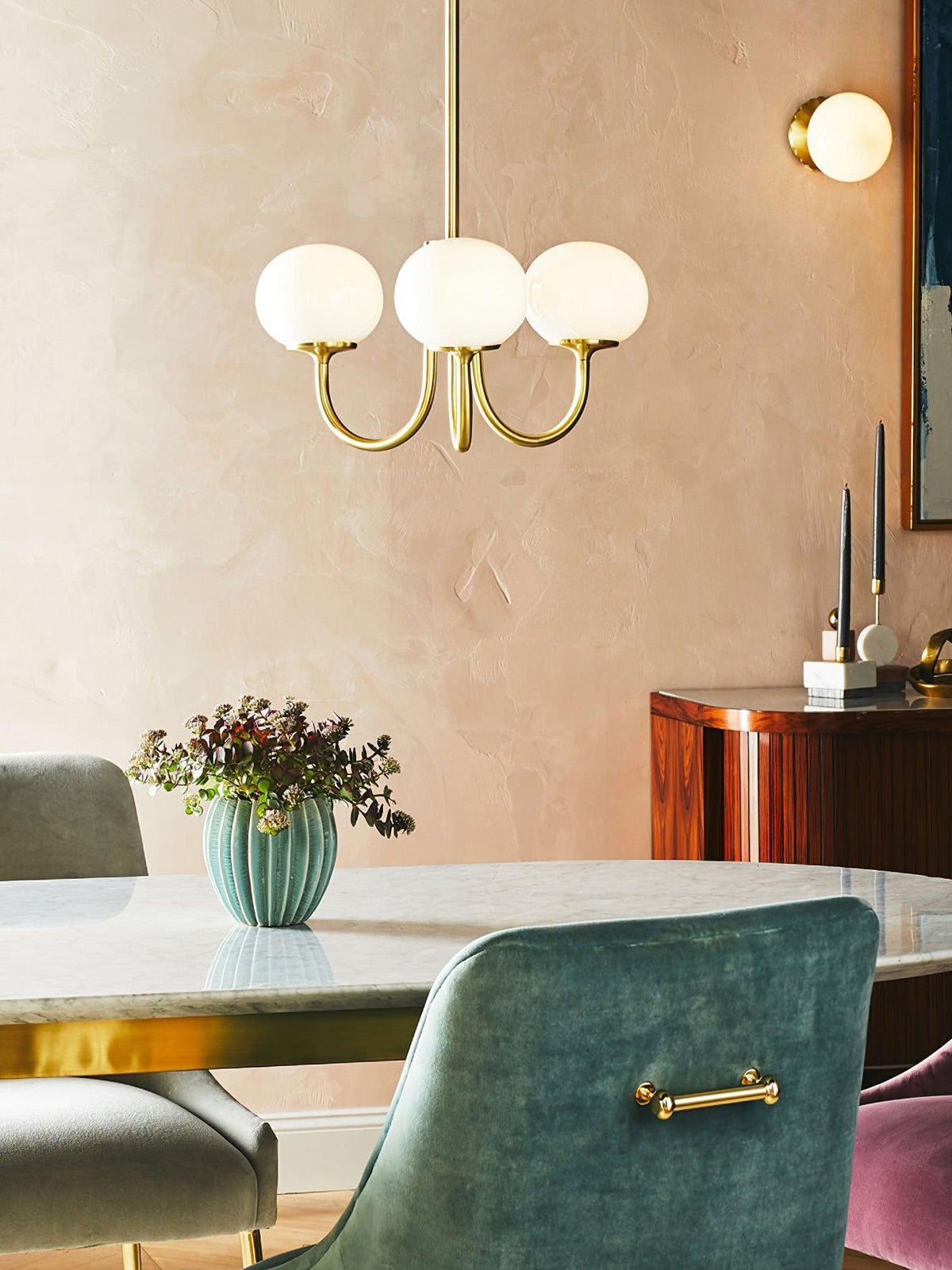 Chandelier Moktan Sabai Marshmallow glass 3-globe chandelier with white globes and brass arms on Tampa Home & Garden Store