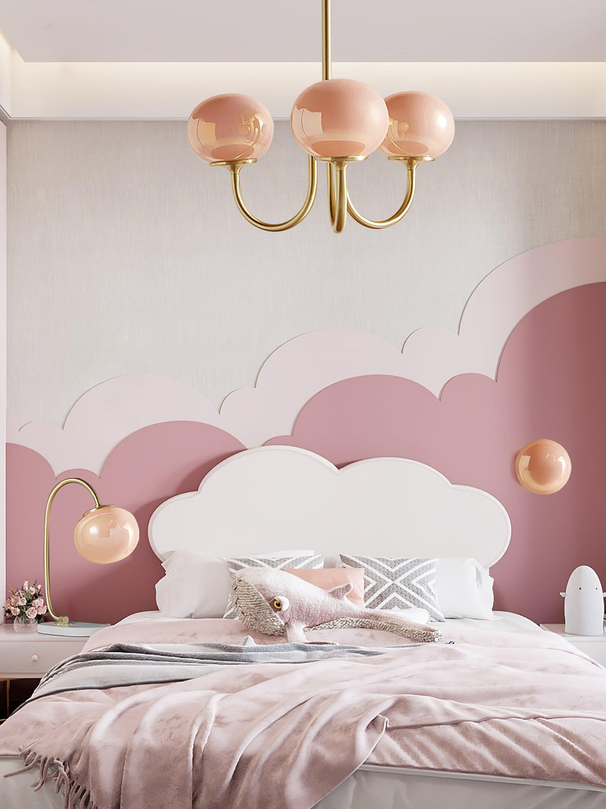 Chandelier Moktan Sabai Marshmallow glass bubble with hand-sprayed pink shades, 3-globe on Tampa Home & Garden Store