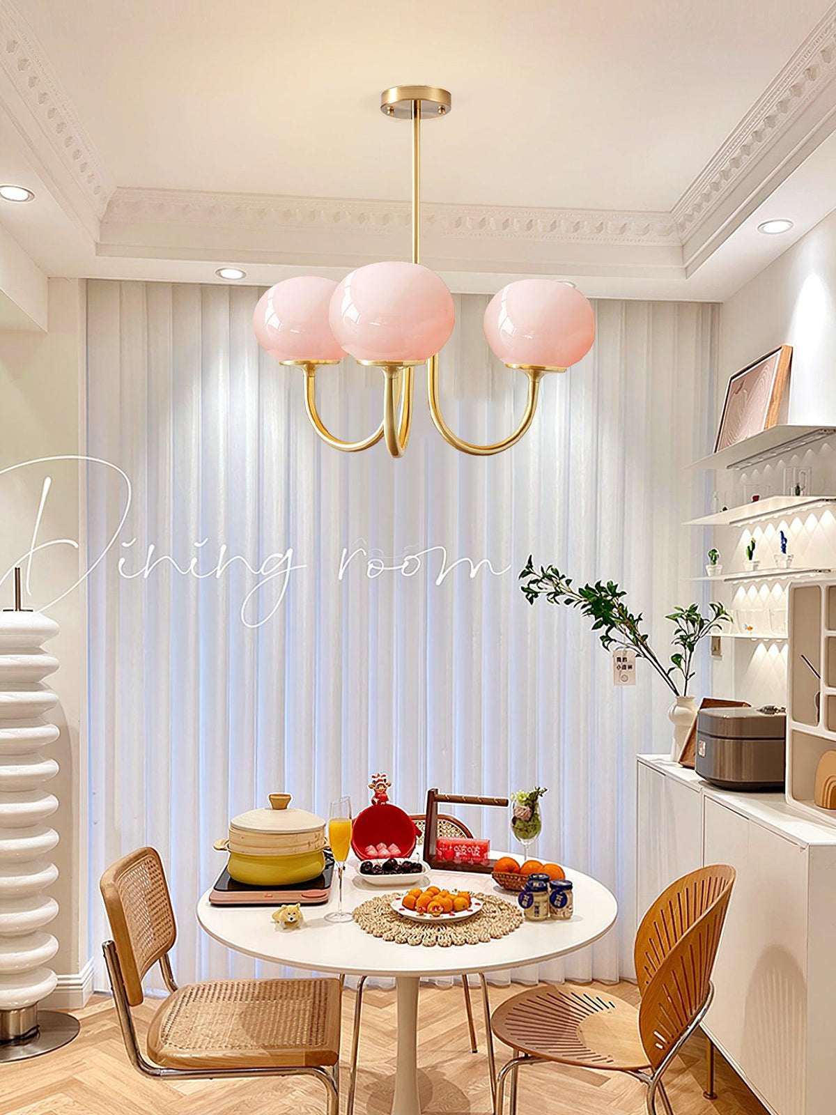 Chandelier Moktan Sabai Marshmallow pink glass bubbles on gold arms 3-arm fixture on Tampa Home & Garden Store