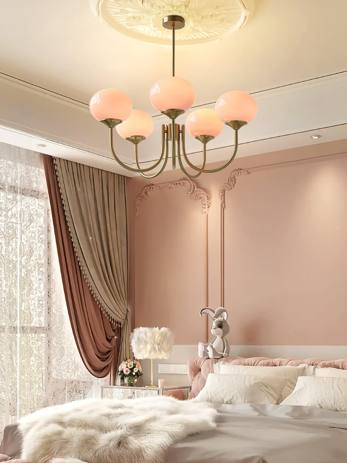 Chandelier Marshmallow five pink glass bubble shades with brass arms Moktan Sabai on Tampa Home & Garden Store