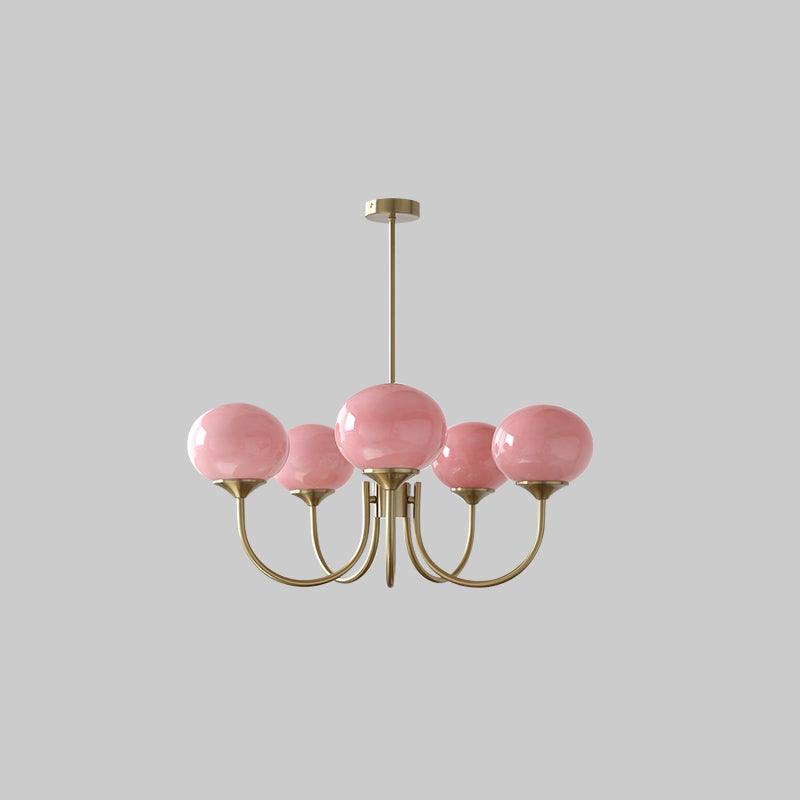 Marshmallow chandelier glass bubble pink globes Moktan Sabai brass frame six pink globes on Tampa Home & Garden Store