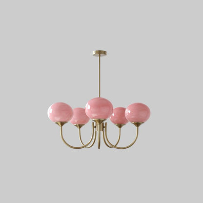Marshmallow chandelier glass bubble pink globes Moktan Sabai brass frame six pink globes on Tampa Home & Garden Store