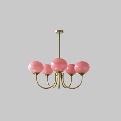Chandelier Marshmallow glass bubble shades with hand-sprayed pink spheres and brass frame on Tampa Home & Garden Store