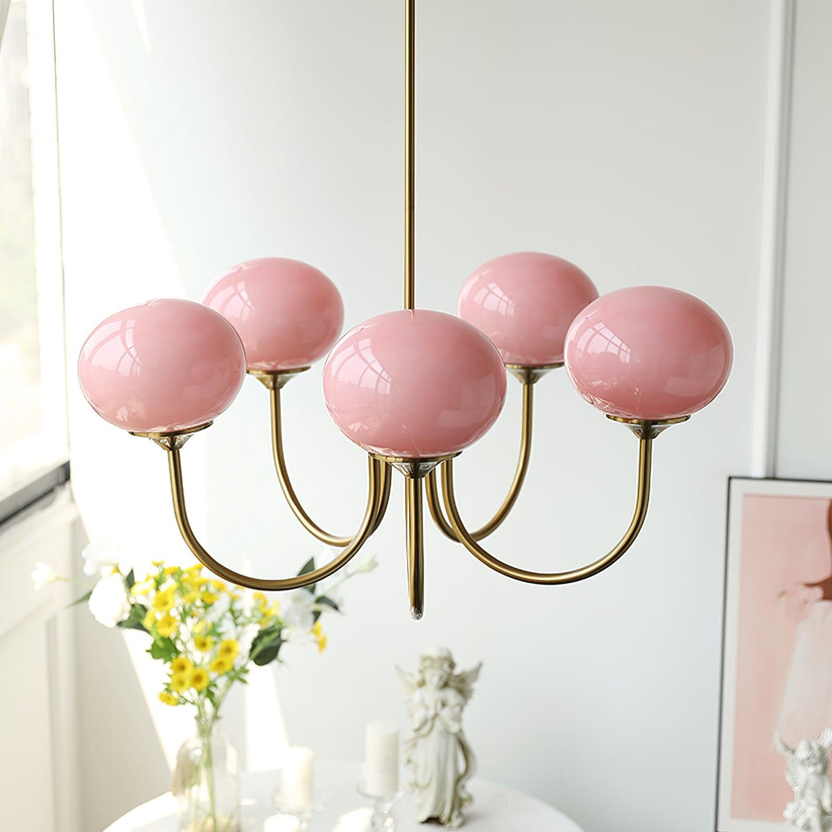 Marshmallow chandelier with hand-sprayed pink glass bubble shades by Moktan Sabai on Tampa Home & Garden Store