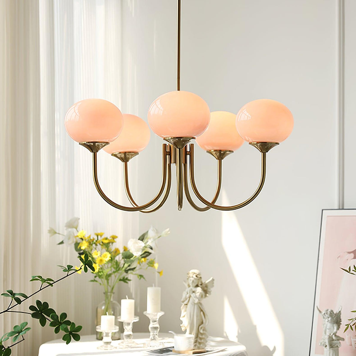 Marshmallow chandelier five pink hand-sprayed glass bubbles on brass frame Moktan Sabai on Tampa Home & Garden Store