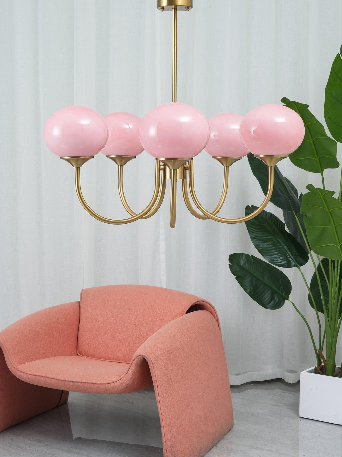 Chandelier Marshmallow five pink hand-sprayed glass bubbles with brass arms Moktan Sabai on Tampa Home & Garden Store