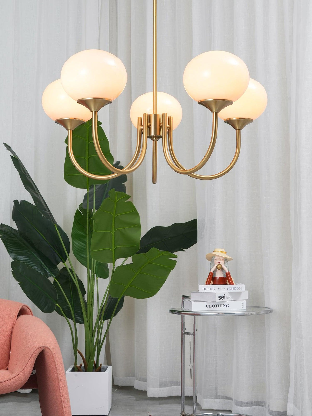 Chandelier Marshmallow glass bubble with pink shades by Moktan Sabai brass arms on Tampa Home & Garden Store