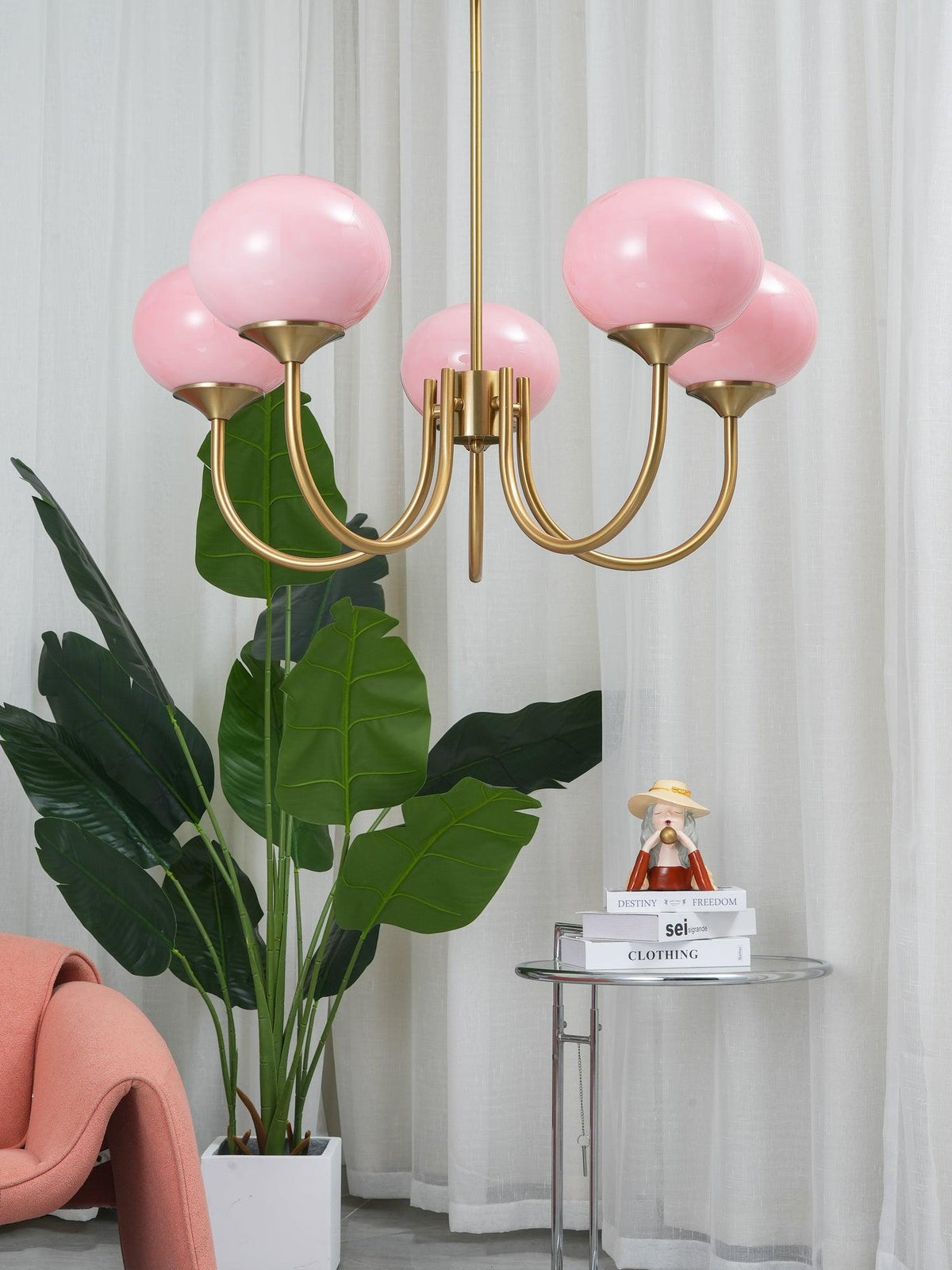 Chandelier Moktan Sabai Marshmallow with pink hand-sprayed glass bubble shades, brass arms on Tampa Home & Garden Store