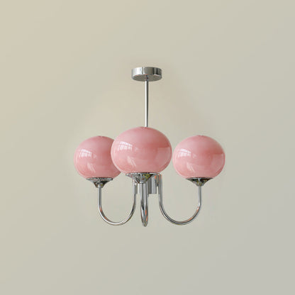 Chandelier Marshmallow with three pink hand-sprayed glass bubble shades and chrome arms on Tampa Home & Garden Store