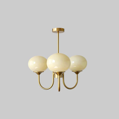 Marshmallow chandelier by Moktan Sabai with three pink hand-sprayed bubbles and brass on Tampa Home & Garden Store