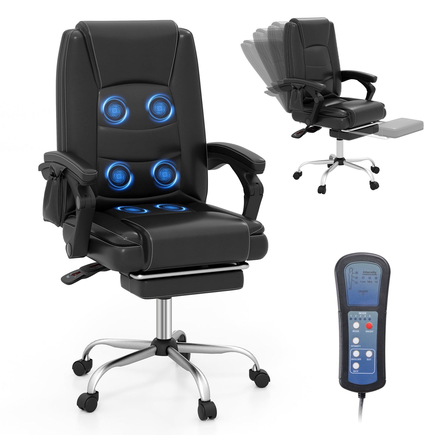 Sillón Ejecutivo Masajeador Ajustable con Reposabrazos y Reposapiés Retráctil - Negro