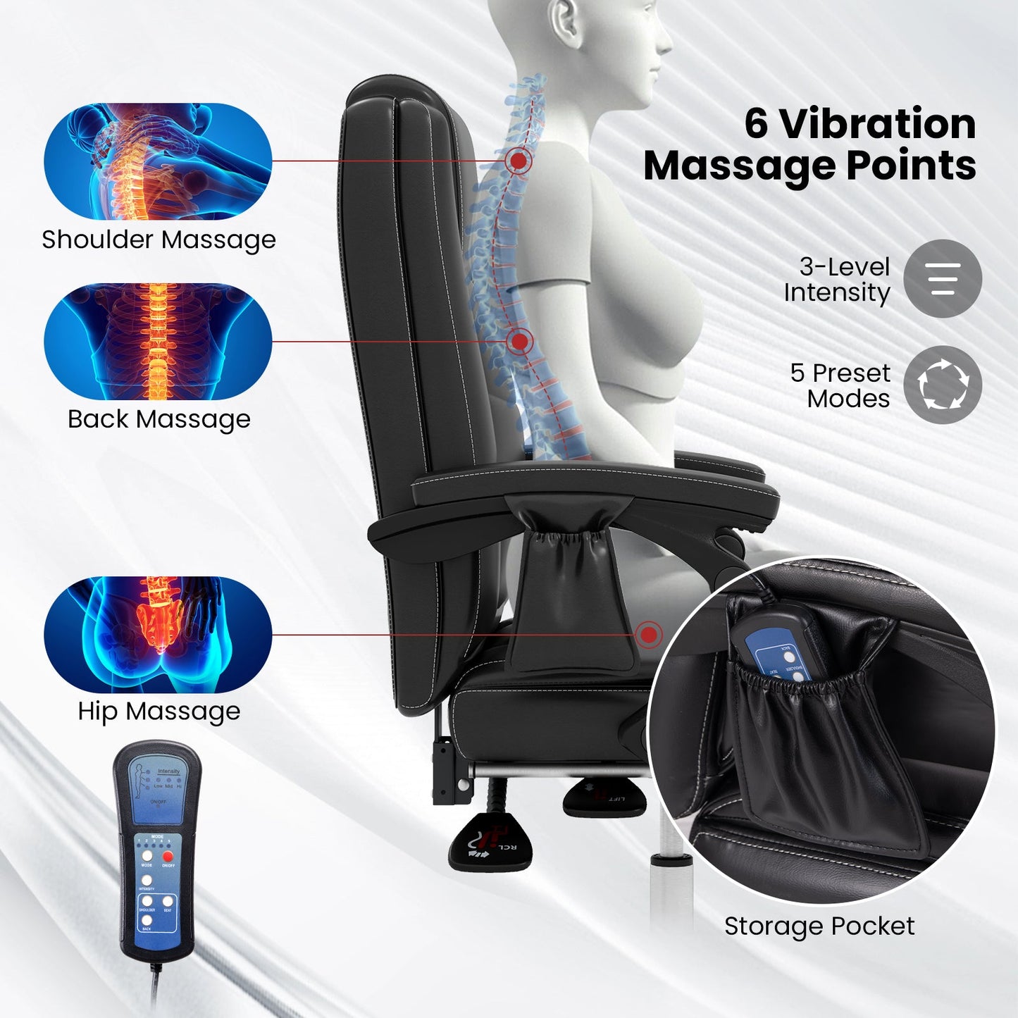 Sillón Ejecutivo Masajeador Ajustable con Reposabrazos y Reposapiés Retráctil - Negro