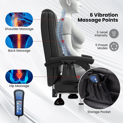 Sillón Ejecutivo Masajeador Ajustable con Reposabrazos y Reposapiés Retráctil - Negro