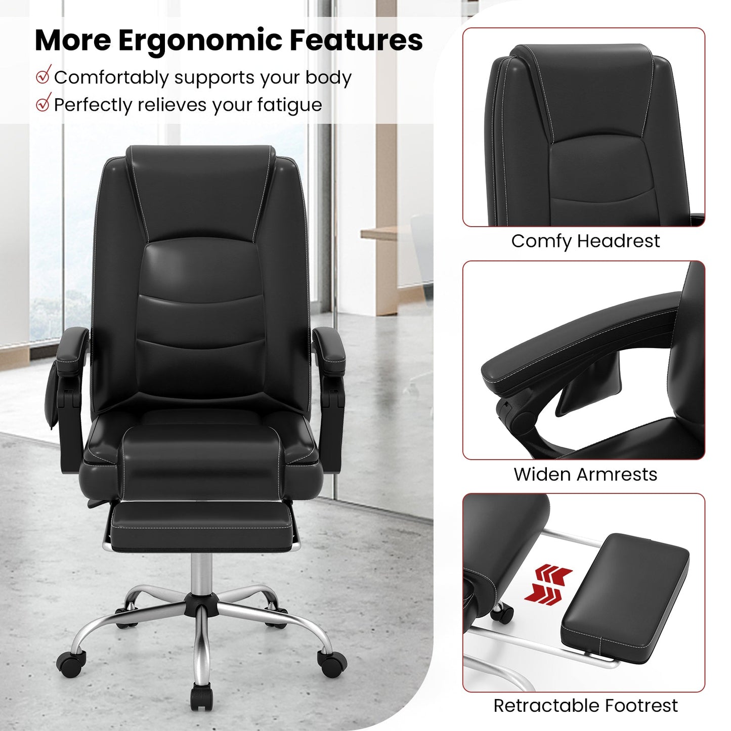 Sillón Ejecutivo Masajeador Ajustable con Reposabrazos y Reposapiés Retráctil - Negro